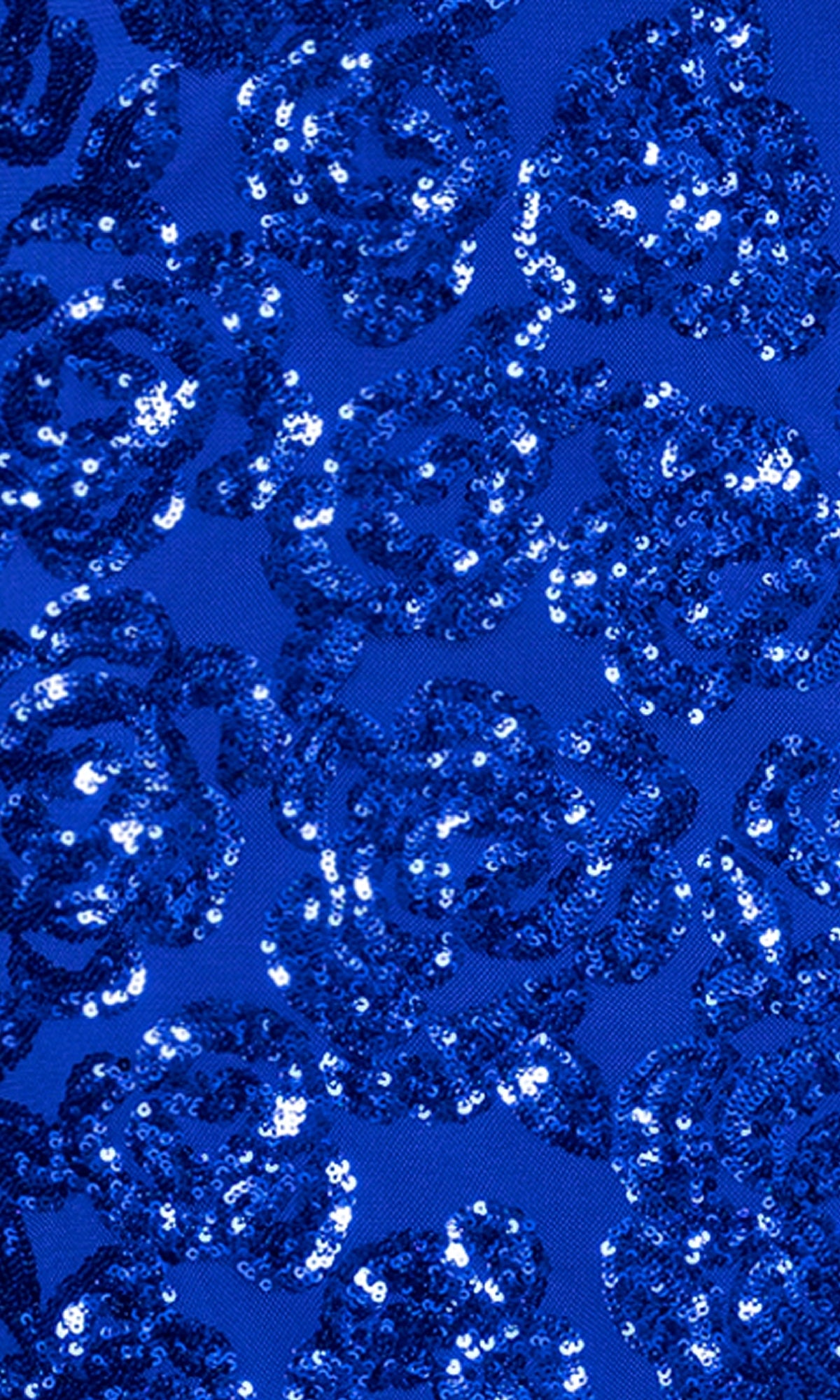 Close-up of royal blue fabric with ornate floral blue sequins, featured in the Long Blue Sequin Prom Dress: Blondie Nites 4793BNโideal for any striking evening or prom look.